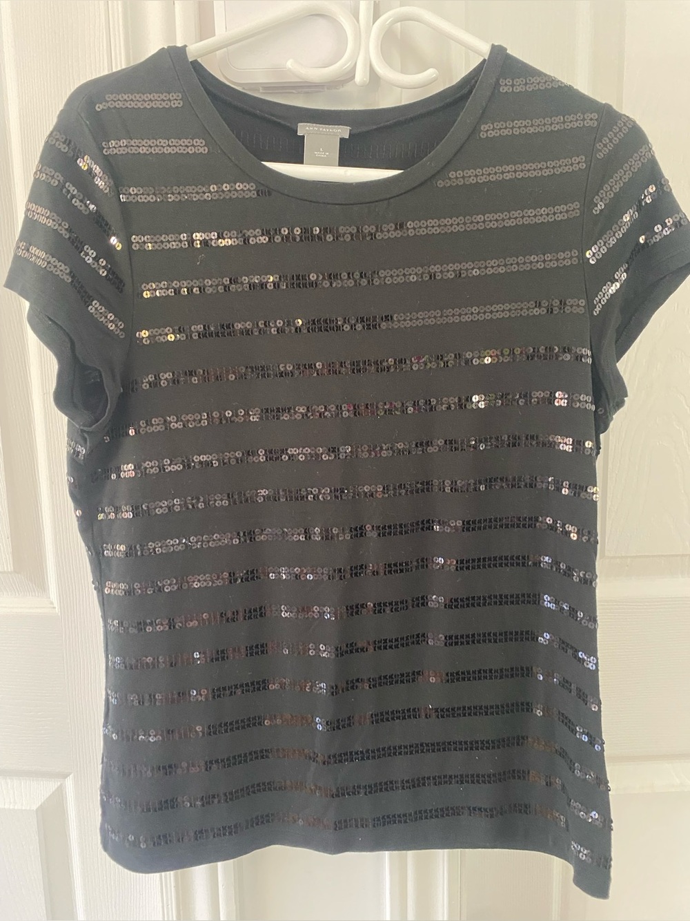 Black Sequin Stripe Short Sleeve Tee